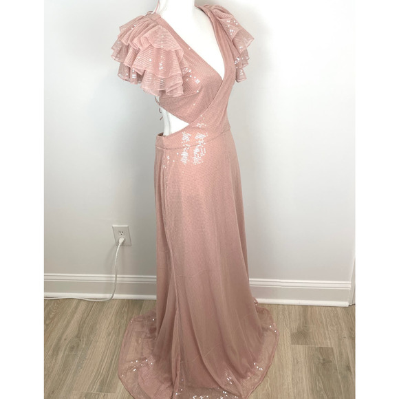 Mac Duggal Sequined Ruffled Cut Out Lace Up Gown In Rose Pink 10829 Size 8 New - Picture 7 of 16